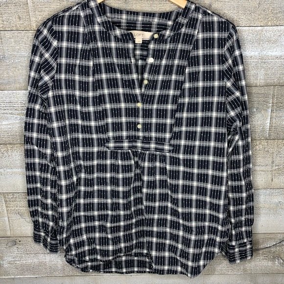Ann Taylor LOFT small Plaid Bib Popover Henley Tunic Top spring lightweight - Picture 2 of 5